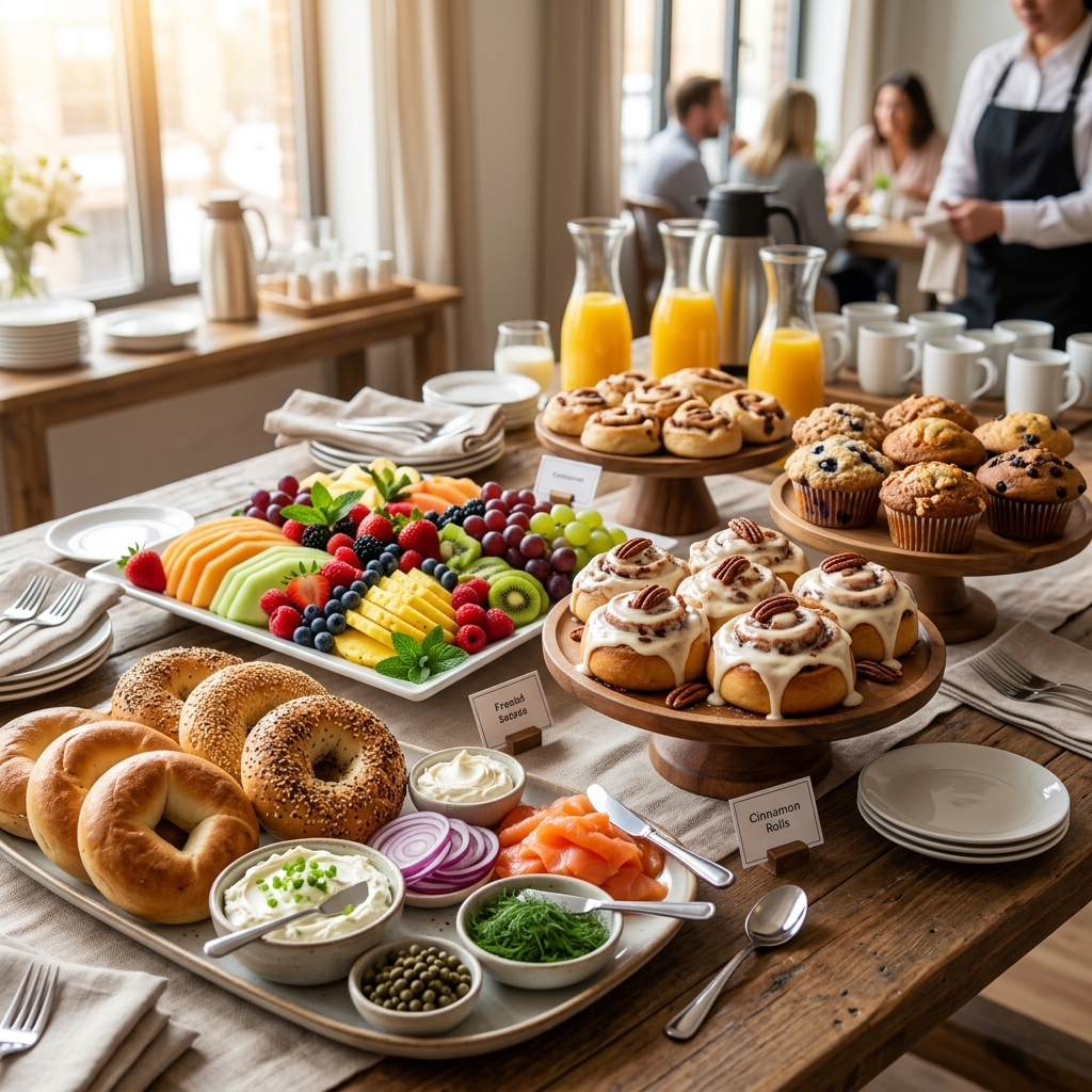 Continental breakfast catering spread with bagels, muffins, fruit, and pastries