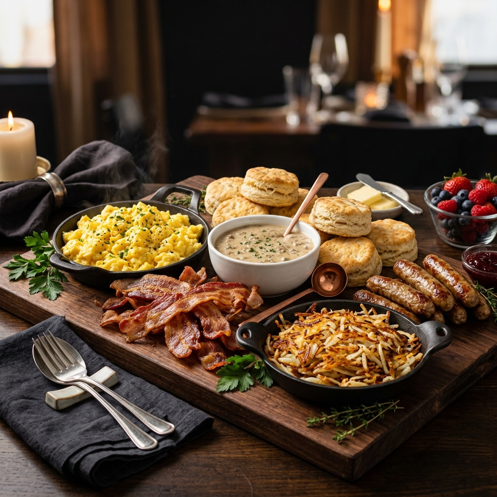Hot breakfast catering platter with eggs, breakfast meats, potatoes, and biscuits