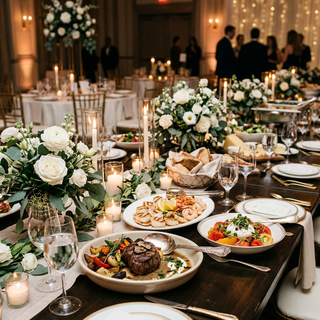 Elegantly arranged premium wedding buffet spread with gourmet dishes and floral accents