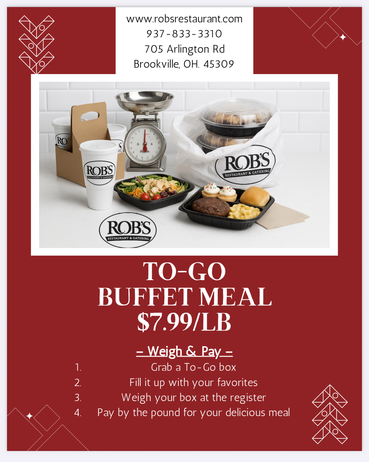 To-go buffet meal options from Rob’s Restaurant in Brookville, Ohio